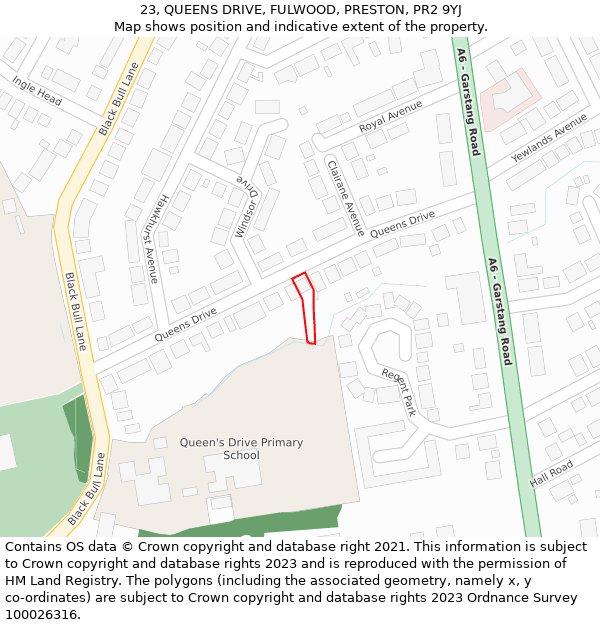 23, QUEENS DRIVE, FULWOOD, PRESTON, PR2 9YJ: Location map and indicative extent of plot