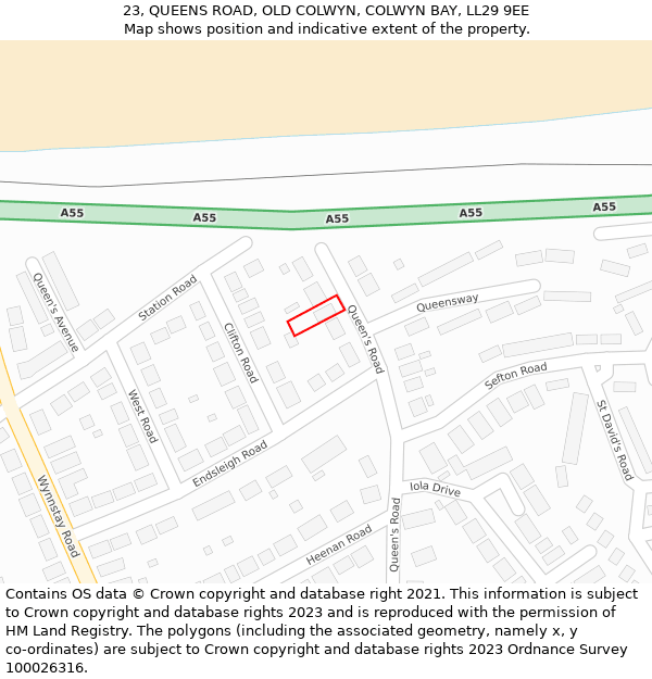23, QUEENS ROAD, OLD COLWYN, COLWYN BAY, LL29 9EE: Location map and indicative extent of plot