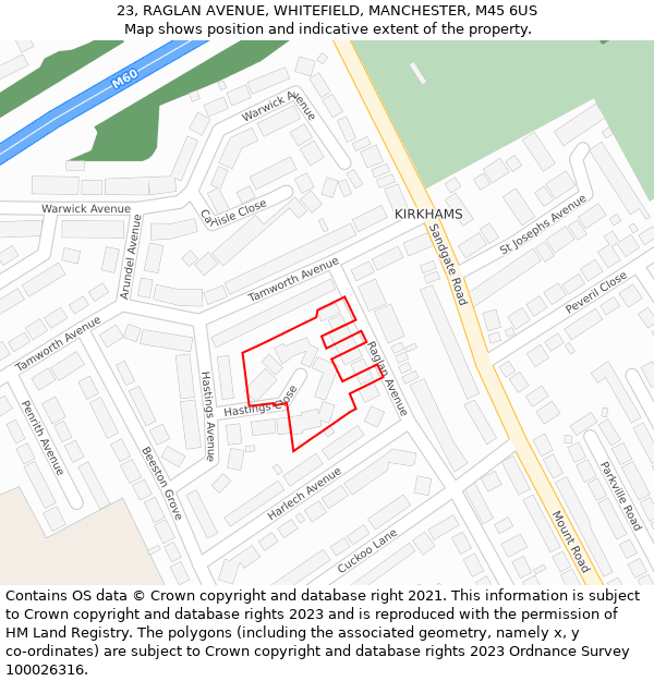 23, RAGLAN AVENUE, WHITEFIELD, MANCHESTER, M45 6US: Location map and indicative extent of plot
