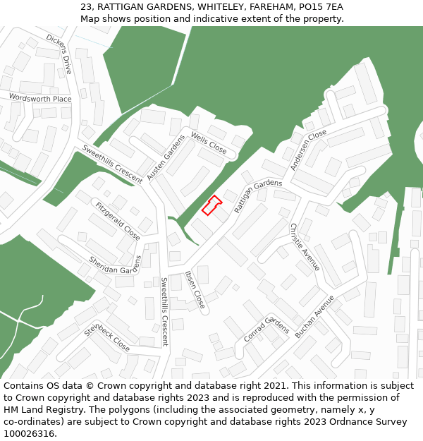 23, RATTIGAN GARDENS, WHITELEY, FAREHAM, PO15 7EA: Location map and indicative extent of plot