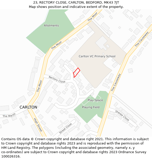 23, RECTORY CLOSE, CARLTON, BEDFORD, MK43 7JT: Location map and indicative extent of plot