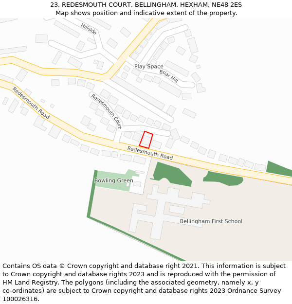 23, REDESMOUTH COURT, BELLINGHAM, HEXHAM, NE48 2ES: Location map and indicative extent of plot