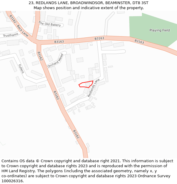 23, REDLANDS LANE, BROADWINDSOR, BEAMINSTER, DT8 3ST: Location map and indicative extent of plot