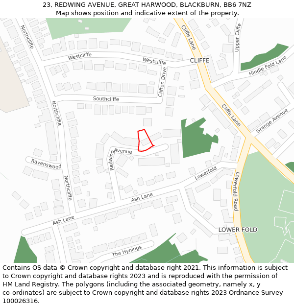 23, REDWING AVENUE, GREAT HARWOOD, BLACKBURN, BB6 7NZ: Location map and indicative extent of plot