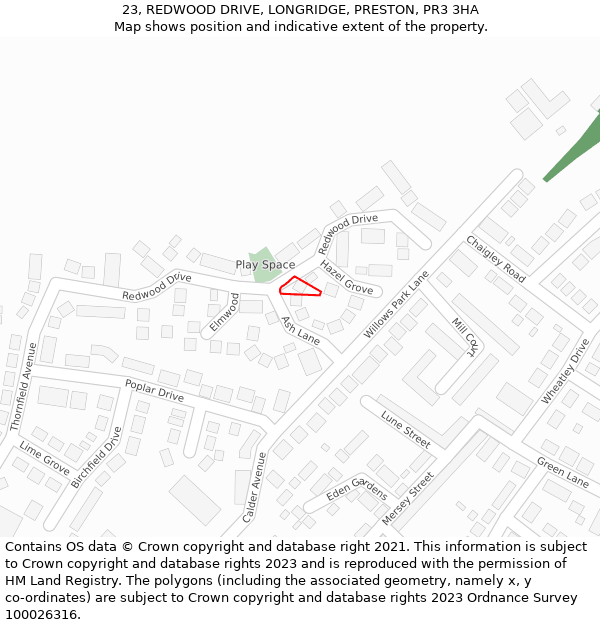 23, REDWOOD DRIVE, LONGRIDGE, PRESTON, PR3 3HA: Location map and indicative extent of plot