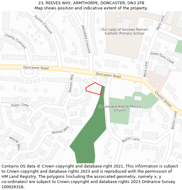 23, REEVES WAY, ARMTHORPE, DONCASTER, DN3 2FB: Location map and indicative extent of plot