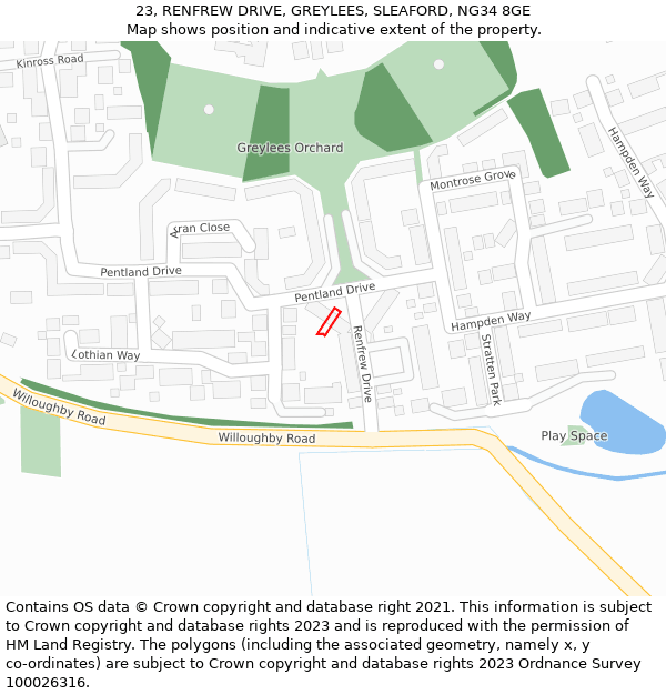 23, RENFREW DRIVE, GREYLEES, SLEAFORD, NG34 8GE: Location map and indicative extent of plot