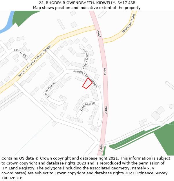 23, RHODFA'R GWENDRAETH, KIDWELLY, SA17 4SR: Location map and indicative extent of plot