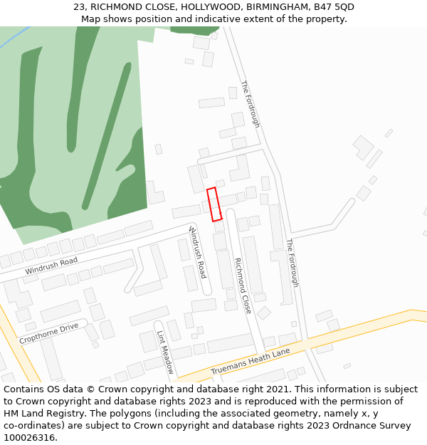 23, RICHMOND CLOSE, HOLLYWOOD, BIRMINGHAM, B47 5QD: Location map and indicative extent of plot