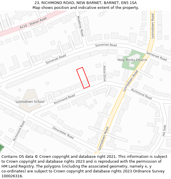 23, RICHMOND ROAD, NEW BARNET, BARNET, EN5 1SA: Location map and indicative extent of plot