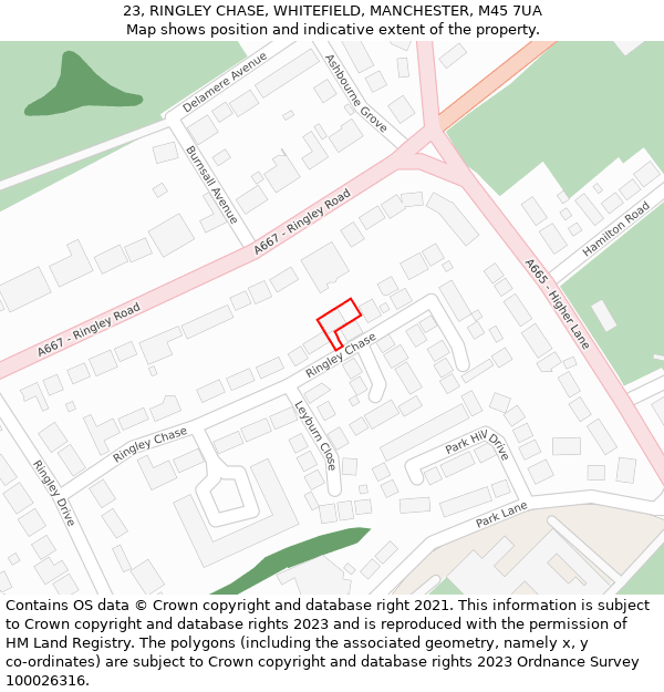 23, RINGLEY CHASE, WHITEFIELD, MANCHESTER, M45 7UA: Location map and indicative extent of plot