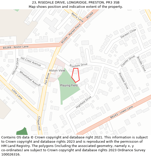 23, RISEDALE DRIVE, LONGRIDGE, PRESTON, PR3 3SB: Location map and indicative extent of plot