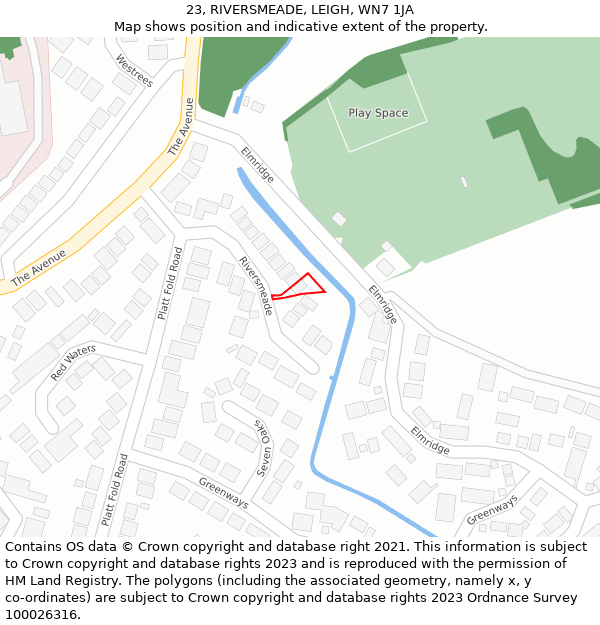 23, RIVERSMEADE, LEIGH, WN7 1JA: Location map and indicative extent of plot