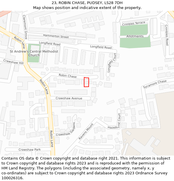 23, ROBIN CHASE, PUDSEY, LS28 7DH: Location map and indicative extent of plot