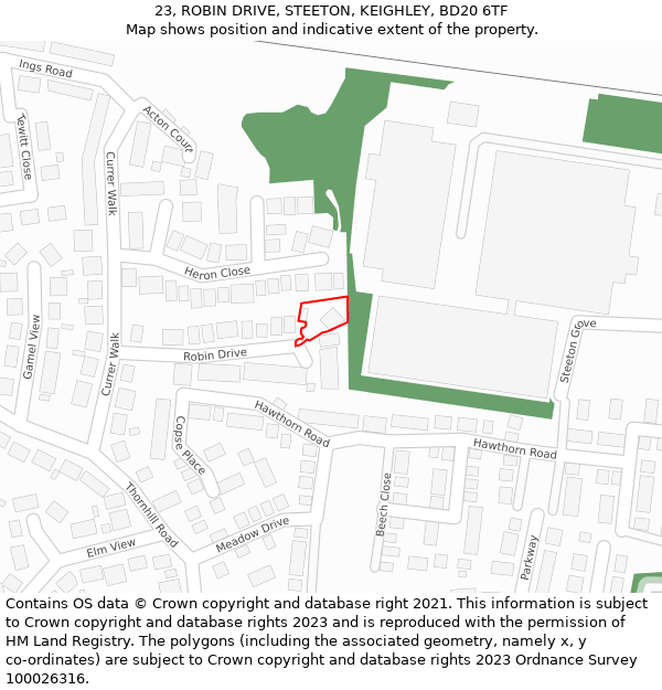 23, ROBIN DRIVE, STEETON, KEIGHLEY, BD20 6TF: Location map and indicative extent of plot