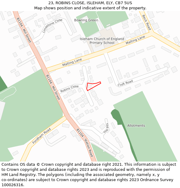 23, ROBINS CLOSE, ISLEHAM, ELY, CB7 5US: Location map and indicative extent of plot