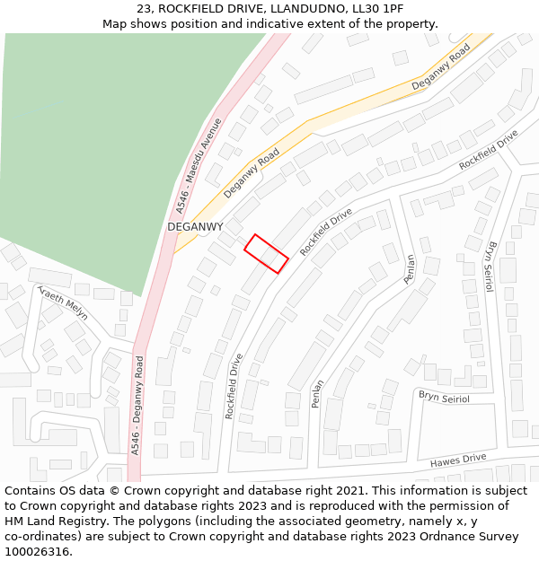 23, ROCKFIELD DRIVE, LLANDUDNO, LL30 1PF: Location map and indicative extent of plot