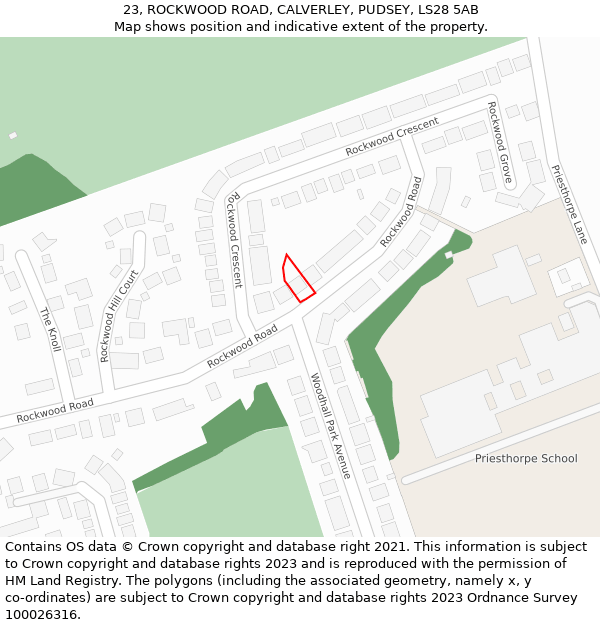 23, ROCKWOOD ROAD, CALVERLEY, PUDSEY, LS28 5AB: Location map and indicative extent of plot