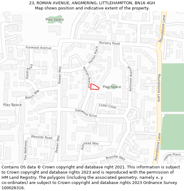 23, ROMAN AVENUE, ANGMERING, LITTLEHAMPTON, BN16 4GH: Location map and indicative extent of plot