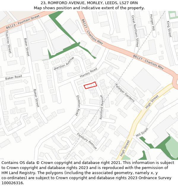 23, ROMFORD AVENUE, MORLEY, LEEDS, LS27 0RN: Location map and indicative extent of plot