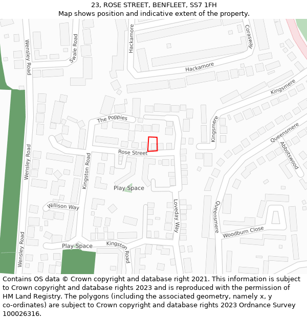 23, ROSE STREET, BENFLEET, SS7 1FH: Location map and indicative extent of plot