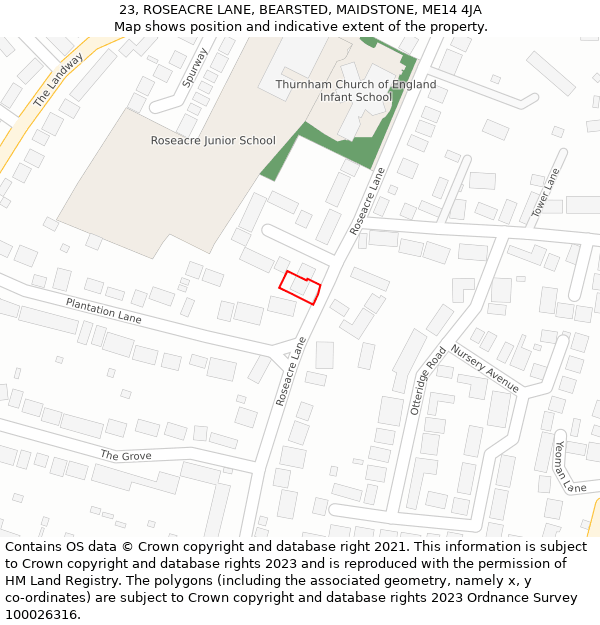 23, ROSEACRE LANE, BEARSTED, MAIDSTONE, ME14 4JA: Location map and indicative extent of plot