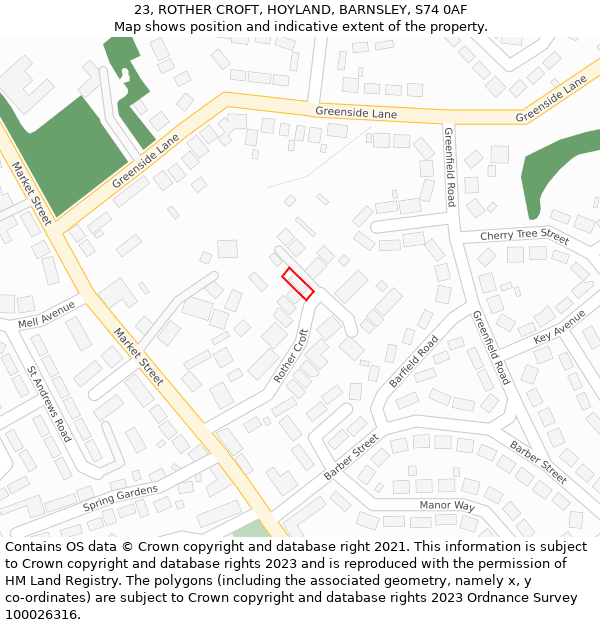 23, ROTHER CROFT, HOYLAND, BARNSLEY, S74 0AF: Location map and indicative extent of plot