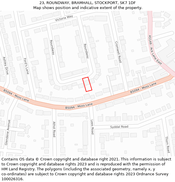 23, ROUNDWAY, BRAMHALL, STOCKPORT, SK7 1DF: Location map and indicative extent of plot