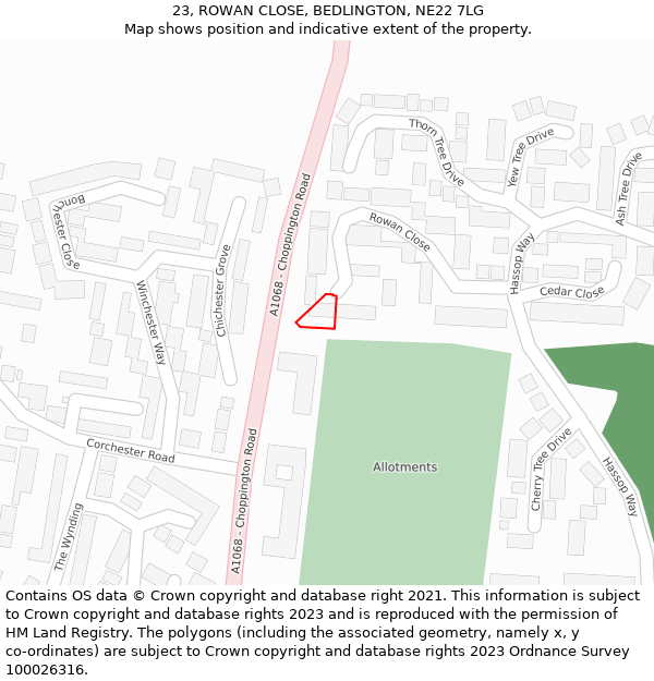 23, ROWAN CLOSE, BEDLINGTON, NE22 7LG: Location map and indicative extent of plot