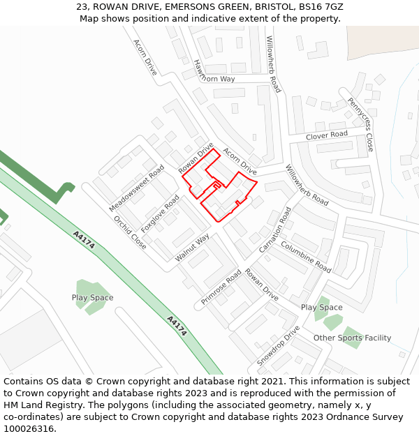23, ROWAN DRIVE, EMERSONS GREEN, BRISTOL, BS16 7GZ: Location map and indicative extent of plot