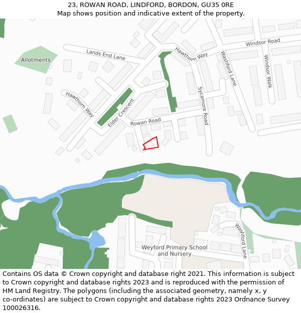 23, ROWAN ROAD, LINDFORD, BORDON, GU35 0RE: Location map and indicative extent of plot