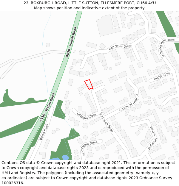 23, ROXBURGH ROAD, LITTLE SUTTON, ELLESMERE PORT, CH66 4YU: Location map and indicative extent of plot