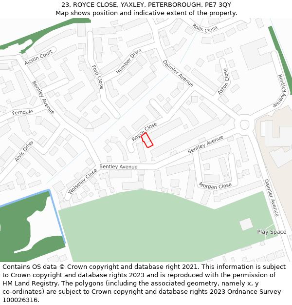 23, ROYCE CLOSE, YAXLEY, PETERBOROUGH, PE7 3QY: Location map and indicative extent of plot