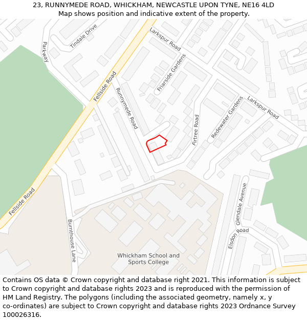 23, RUNNYMEDE ROAD, WHICKHAM, NEWCASTLE UPON TYNE, NE16 4LD: Location map and indicative extent of plot