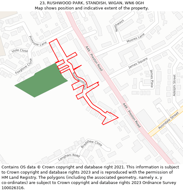 23, RUSHWOOD PARK, STANDISH, WIGAN, WN6 0GH: Location map and indicative extent of plot