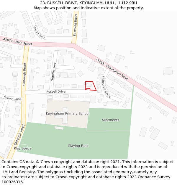 23, RUSSELL DRIVE, KEYINGHAM, HULL, HU12 9RU: Location map and indicative extent of plot