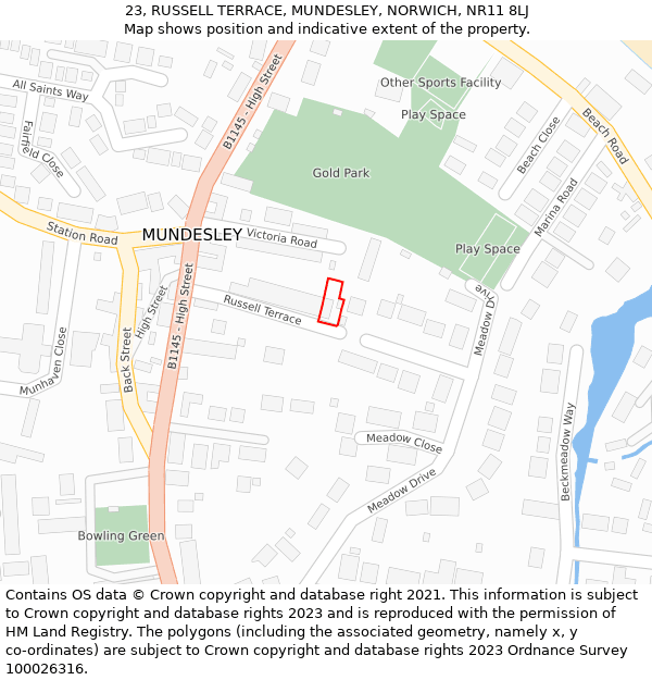 23, RUSSELL TERRACE, MUNDESLEY, NORWICH, NR11 8LJ: Location map and indicative extent of plot