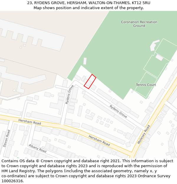 23, RYDENS GROVE, HERSHAM, WALTON-ON-THAMES, KT12 5RU: Location map and indicative extent of plot