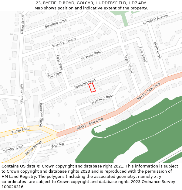 23, RYEFIELD ROAD, GOLCAR, HUDDERSFIELD, HD7 4DA: Location map and indicative extent of plot