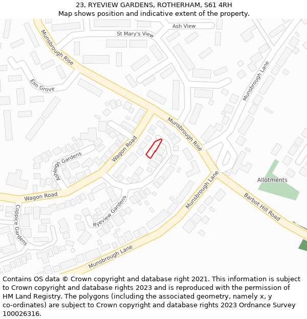 23, RYEVIEW GARDENS, ROTHERHAM, S61 4RH: Location map and indicative extent of plot