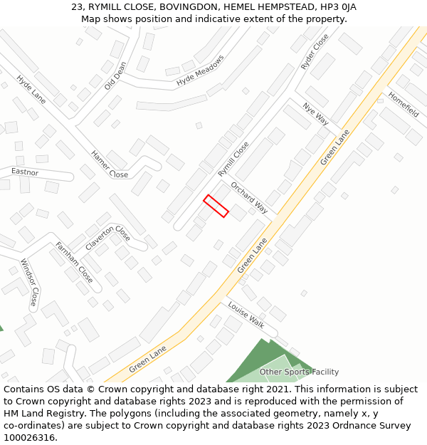 23, RYMILL CLOSE, BOVINGDON, HEMEL HEMPSTEAD, HP3 0JA: Location map and indicative extent of plot