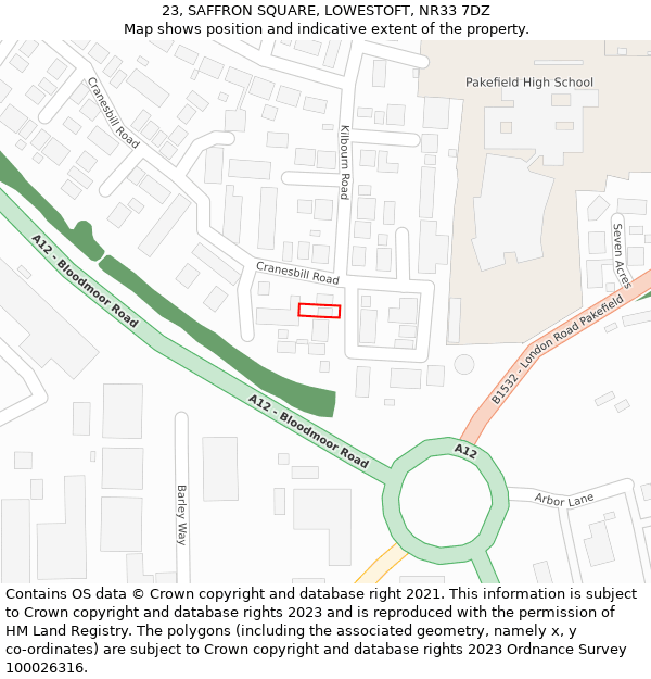 23, SAFFRON SQUARE, LOWESTOFT, NR33 7DZ: Location map and indicative extent of plot