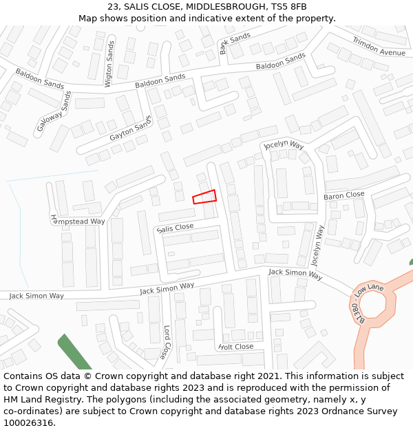 23, SALIS CLOSE, MIDDLESBROUGH, TS5 8FB: Location map and indicative extent of plot