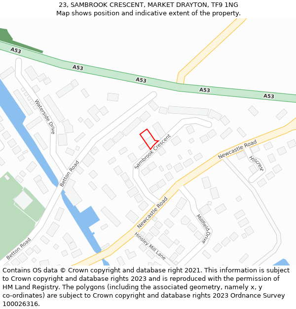 23, SAMBROOK CRESCENT, MARKET DRAYTON, TF9 1NG: Location map and indicative extent of plot