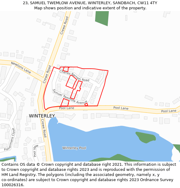 23, SAMUEL TWEMLOW AVENUE, WINTERLEY, SANDBACH, CW11 4TY: Location map and indicative extent of plot