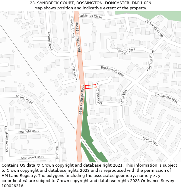 23, SANDBECK COURT, ROSSINGTON, DONCASTER, DN11 0FN: Location map and indicative extent of plot