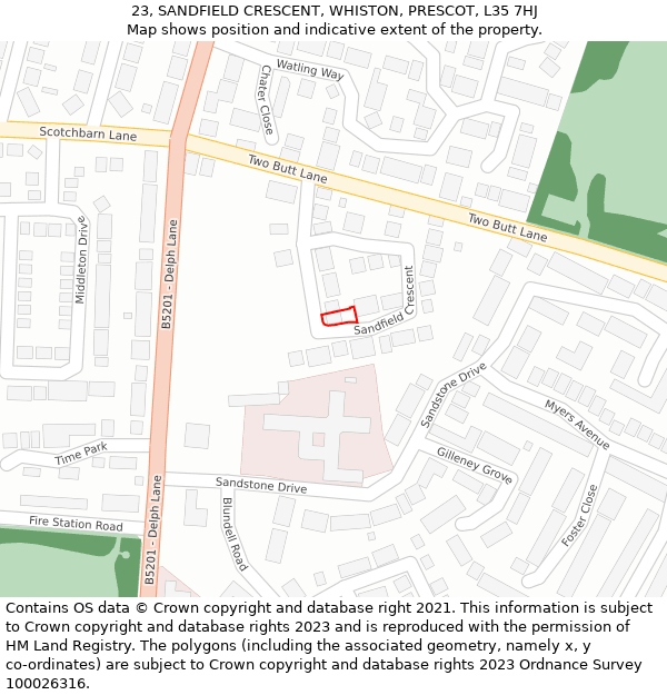23, SANDFIELD CRESCENT, WHISTON, PRESCOT, L35 7HJ: Location map and indicative extent of plot