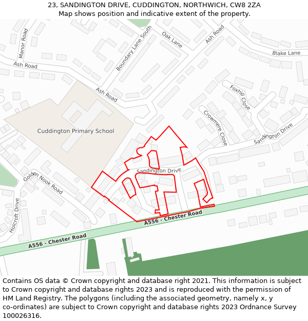 23, SANDINGTON DRIVE, CUDDINGTON, NORTHWICH, CW8 2ZA: Location map and indicative extent of plot