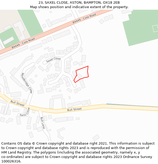 23, SAXEL CLOSE, ASTON, BAMPTON, OX18 2EB: Location map and indicative extent of plot