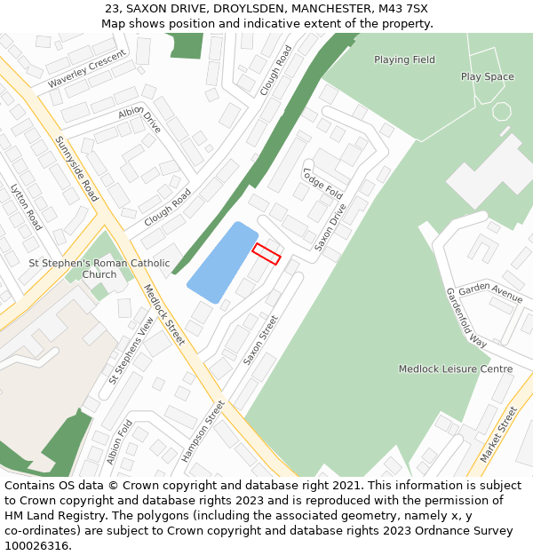 23, SAXON DRIVE, DROYLSDEN, MANCHESTER, M43 7SX: Location map and indicative extent of plot